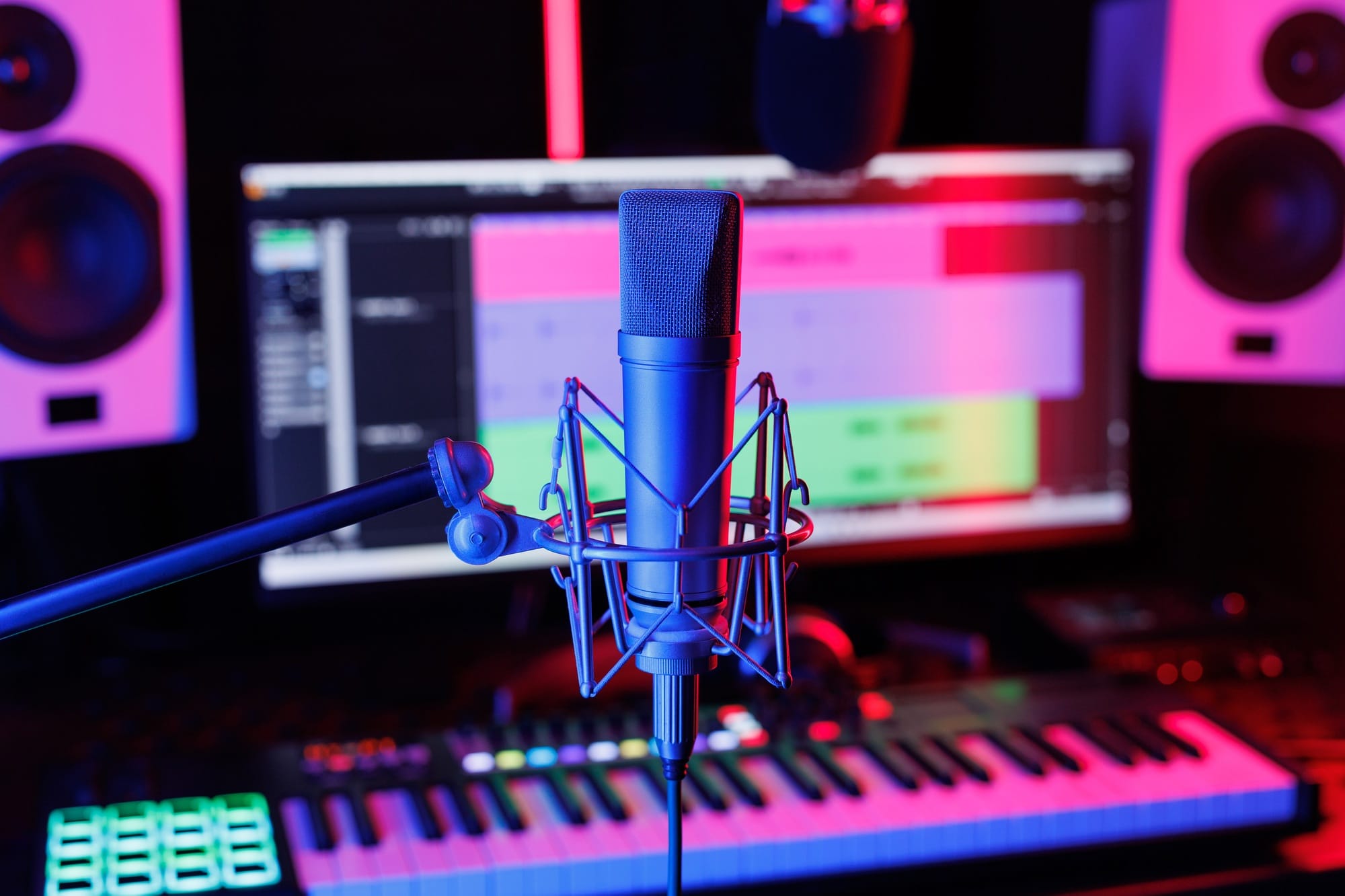 Condenser studio microphone on the background of an audio mixer and monitor in a recording studio.